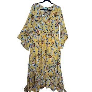 Indigo Rose Yellow Floral Maxi Dress Flutter Sleeve V Neck Wrap Belted XL